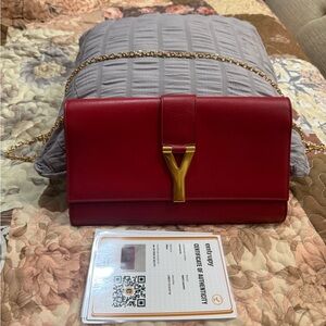 Saint Laurent Red Leather Shoulder Bag with Gold Y Hardware and Chain